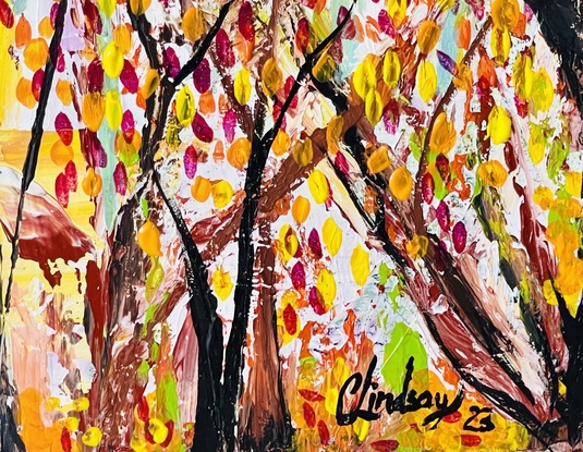 A large textured Abstract impressionistic Natures trees cape pallet knife 
Vibrant colours warm yellow ,cool yellow , blue , are captured with a rich berry burgundy back ground at the top of this painting , cool yellow highlights ‘ red and orang warm yellow falling leaves of burnt sienna dried leaves white and light blue background ‘ tall black and raw umber trees entwined naturally around each other 
Winding branches wiggling their way through the bark of the tall black trees in natures forrest 
Yellow highlighted leaves reflecting off the sun in back ground a touch of mauve white green to high light 
Thick Acrylic paste gives the texture all over the canvas 
An inspiration of our nature 
This painting was painted with a pallet knife finishing touches painted with brushes 
And comes with a Certificate Of Authenticity wire on back ready to hang , and signed on the front and back of canvas  packed for a safe free delivery 