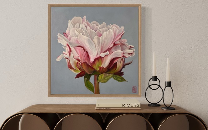 A square canvas frames a large, single peony bloom.  It is coloured in shades of blush, pink, white and crimson with a strong greenish-red stem and leaves.  The background is a bluish/purple grey.