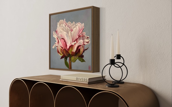 A square canvas frames a large, single peony bloom.  It is coloured in shades of blush, pink, white and crimson with a strong greenish-red stem and leaves.  The background is a bluish/purple grey.