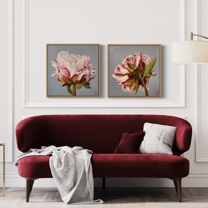 A square canvas frames a large, single peony bloom.  It is coloured in shades of blush, pink, white and crimson with a strong greenish-red stem and leaves.  The background is a bluish/purple grey.