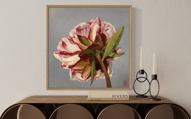 A square canvas frames a large, single peony bloom.  It is coloured in shades of blush, pink, white and crimson with a strong greenish-red stem and leaves.  The background is a bluish/purple grey.