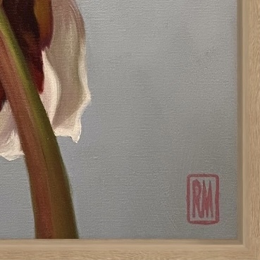 A square canvas frames a large, single peony bloom.  It is coloured in shades of blush, pink, white and crimson with a strong greenish-red stem and leaves.  The background is a bluish/purple grey.