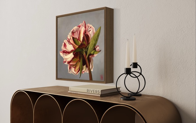 A square canvas frames a large, single peony bloom.  It is coloured in shades of blush, pink, white and crimson with a strong greenish-red stem and leaves.  The background is a bluish/purple grey.