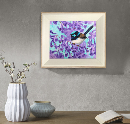 Superb Fairy-wren on a blooming jacaranda tree branch original painting by Irina Redine, framed and ready to hang