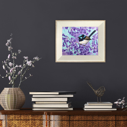 Superb Fairy-wren on a blooming jacaranda tree branch original painting by Irina Redine, framed and ready to hang