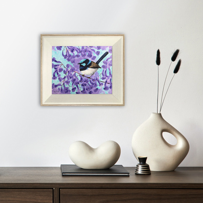 Superb Fairy-wren on a blooming jacaranda tree branch original painting by Irina Redine, framed and ready to hang