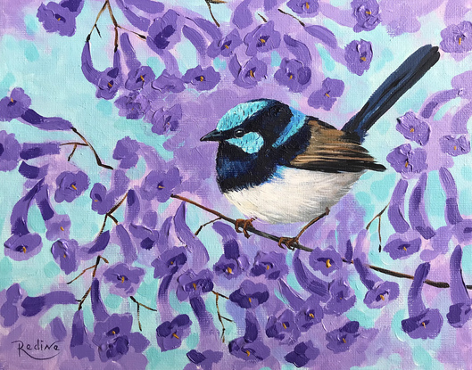 Superb Fairy-wren on a blooming jacaranda tree branch original painting by Irina Redine, framed and ready to hang