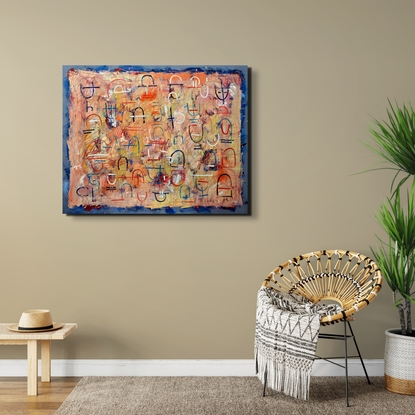 An energetic and highly textured oil painting  on heavy hand stretched canvas on a handmade frame.  Painting uses energetic  marks and calligraphic abstract symbols based on ancient language forms in thick paint in warm orange and earthy  tones with a contrasting blue border. Painted directly from the tube with fingers and a palette knife. Inspired by graffitied tombs, rock art and ancient script.