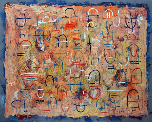 An energetic and highly textured oil painting  on heavy hand stretched canvas on a handmade frame.  Painting uses energetic  marks and calligraphic abstract symbols based on ancient language forms in thick paint in warm orange and earthy  tones with a contrasting blue border. Painted directly from the tube with fingers and a palette knife. Inspired by graffitied tombs, rock art and ancient script.