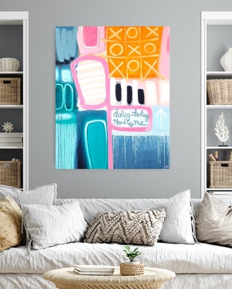 A combination of organic shapes forming an architectural composition.
Teal. pinks, oranges and blues.  Vibrant colours displaying the joy you feel having the person beside you that you love.