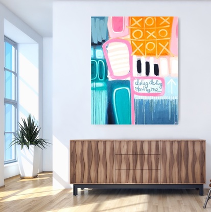 A combination of organic shapes forming an architectural composition.
Teal. pinks, oranges and blues.  Vibrant colours displaying the joy you feel having the person beside you that you love.