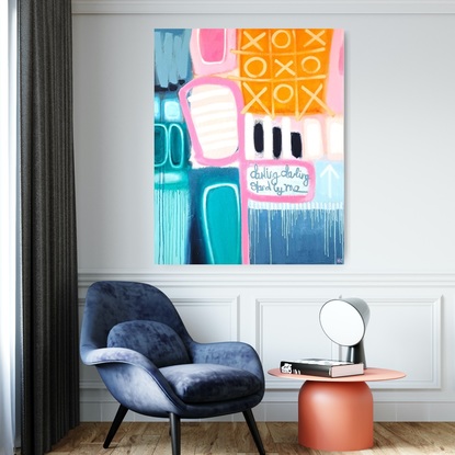 A combination of organic shapes forming an architectural composition.
Teal. pinks, oranges and blues.  Vibrant colours displaying the joy you feel having the person beside you that you love.