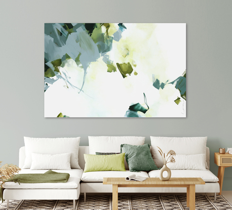 Large strokes of layered colours, grey, blue, green and mustard over a white background with soft washes of yellow and green.