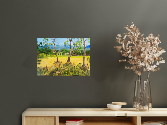 a painting of a field of golden pastures interspersed with shrubs and gum trees with the rugged cliffs in the background, with undulating slopes and a rugged fence line in the midst with cows going about their  daily routine looking for something to munch on.