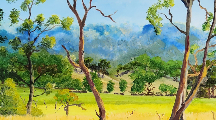 a painting of a field of golden pastures interspersed with shrubs and gum trees with the rugged cliffs in the background, with undulating slopes and a rugged fence line in the midst with cows going about their  daily routine looking for something to munch on.