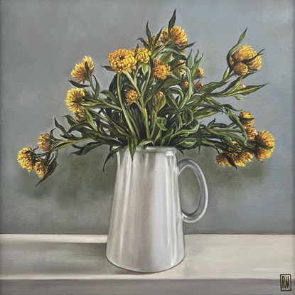 A square canvas frames a large bunch of yellow straw flowers nestled in a white pottery jug.  There are many intertwining leaves and stems.  Light comes from the right hand side casting shadows on the wall and mantle where the jug sits and turning the light grey wall bluish green.