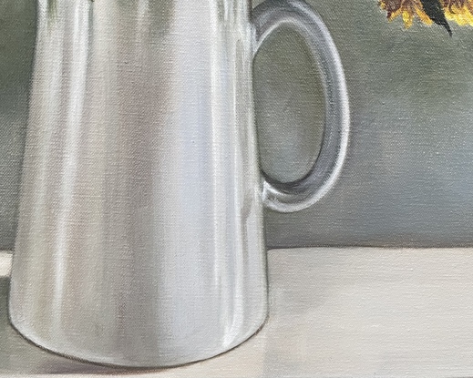 A square canvas frames a large bunch of yellow straw flowers nestled in a white pottery jug.  There are many intertwining leaves and stems.  Light comes from the right hand side casting shadows on the wall and mantle where the jug sits and turning the light grey wall bluish green.