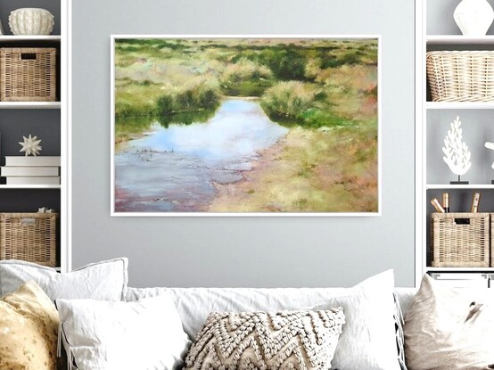 Extra large impressionistic landscape painting of creek amid alpine grassland by Victoria Collins in  warm neutral tones with dry beige grasses and deep green river bank. 