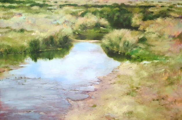 Extra large impressionistic landscape painting of creek amid alpine grassland by Victoria Collins in  warm neutral tones with dry beige grasses and deep green river bank. 