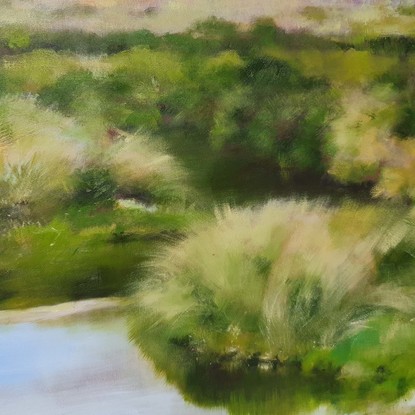 Extra large impressionistic landscape painting of creek amid alpine grassland by Victoria Collins in  warm neutral tones with dry beige grasses and deep green river bank. 