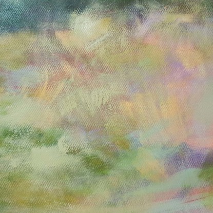 Extra large impressionistic landscape painting of creek amid alpine grassland by Victoria Collins in  warm neutral tones with dry beige grasses and deep green river bank. 