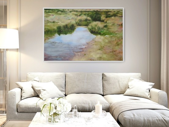 Extra large impressionistic landscape painting of creek amid alpine grassland by Victoria Collins in  warm neutral tones with dry beige grasses and deep green river bank. 