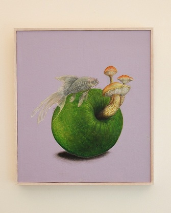 composition of fish, mushrooms, and apple in surrealistic space.