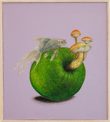 composition of fish, mushrooms, and apple in surrealistic space.