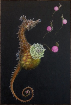 a composition of marble snails, a giving birth seahorse, and a flower in a dark environment.