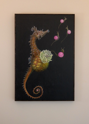 a composition of marble snails, a giving birth seahorse, and a flower in a dark environment.