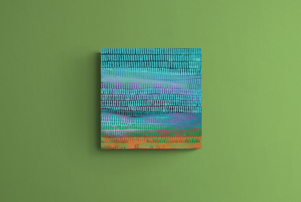 A landscape of rolling hills valleys and sky, covered in a veneer of tiny brush strokes creating movement  between the layers. Blues and teals, sage green mark making over the layers below.