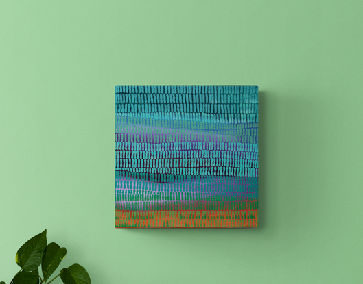 A landscape of rolling hills valleys and sky, covered in a veneer of tiny brush strokes creating movement  between the layers. Blues and teals, sage green mark making over the layers below.