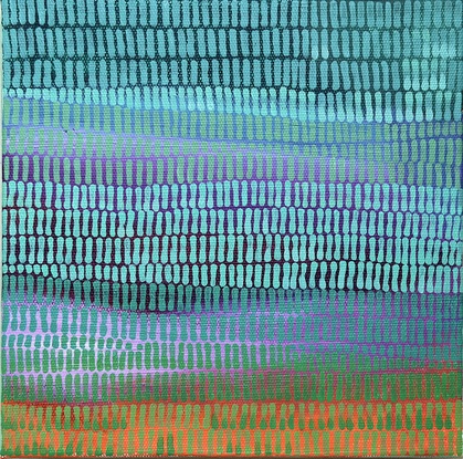 A landscape of rolling hills valleys and sky, covered in a veneer of tiny brush strokes creating movement  between the layers. Blues and teals, sage green mark making over the layers below.