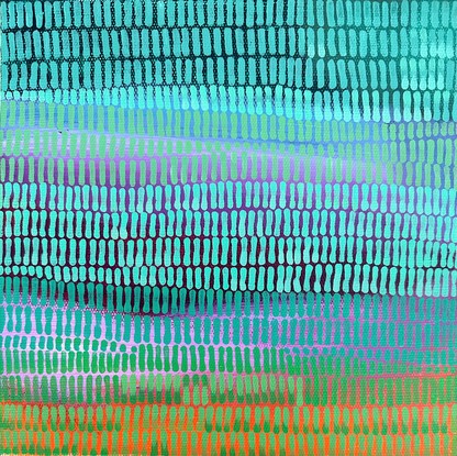 A landscape of rolling hills valleys and sky, covered in a veneer of tiny brush strokes creating movement  between the layers. Blues and teals, sage green mark making over the layers below.