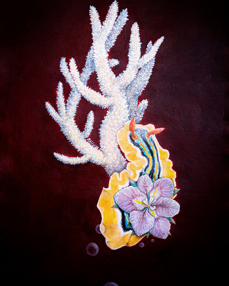 This composition is about: a sea slug , a flower and corals merging together with a dark surrounding.