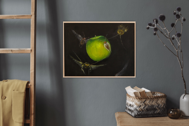 This composition shows surrealistic insects flying around a green apple with a dramatic background.