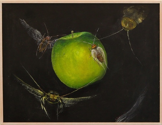 This composition shows surrealistic insects flying around a green apple with a dramatic background.