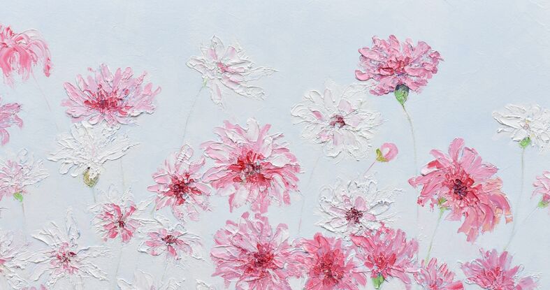 A heavily textured pink floral painting of a garden of pink flowers on a white painted background.