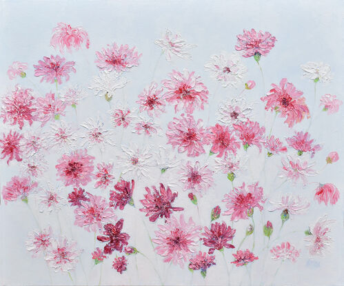 A heavily textured pink floral painting of a garden of pink flowers on a white painted background.