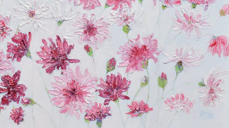 A heavily textured pink floral painting of a garden of pink flowers on a white painted background.