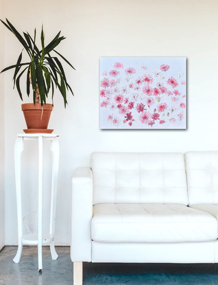 A heavily textured pink floral painting of a garden of pink flowers on a white painted background.