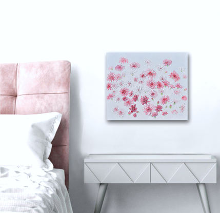 A heavily textured pink floral painting of a garden of pink flowers on a white painted background.