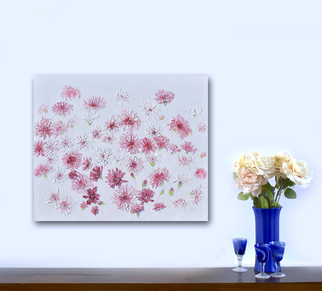 A heavily textured pink floral painting of a garden of pink flowers on a white painted background.