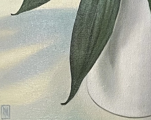 A square canvas frames a large bunch of white lilies which sit in a white jug on a white table.  Lit from above, bluish shadows fan out on the table below.  The background is painted in a strong peacock blue.