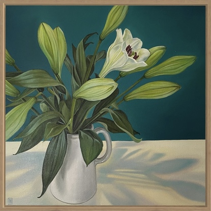 A square canvas frames a large bunch of white lilies which sit in a white jug on a white table.  Lit from above, bluish shadows fan out on the table below.  The background is painted in a strong peacock blue.