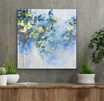 A 60cm by 60cm abstract expressionist painting on stretched canvas by Australian artist Fiona Hayward, depicting hedgerows, leaves by the river.  Loose brushstrokes. Sky.