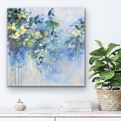 A 60cm by 60cm abstract expressionist painting on stretched canvas by Australian artist Fiona Hayward, depicting hedgerows, leaves by the river.  Loose brushstrokes. Sky.