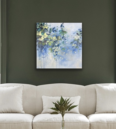 A 60cm by 60cm abstract expressionist painting on stretched canvas by Australian artist Fiona Hayward, depicting hedgerows, leaves by the river.  Loose brushstrokes. Sky.