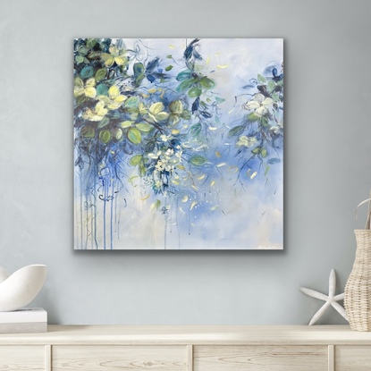 A 60cm by 60cm abstract expressionist painting on stretched canvas by Australian artist Fiona Hayward, depicting hedgerows, leaves by the river.  Loose brushstrokes. Sky.