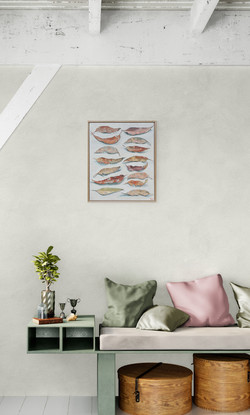 Two vertical rows of decaying gum leaves on a white background 